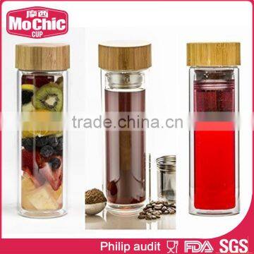 Mochic 12OZ/340ML insulated double wall glass bottle with tea filter / double wall glass botle with bamboo lid