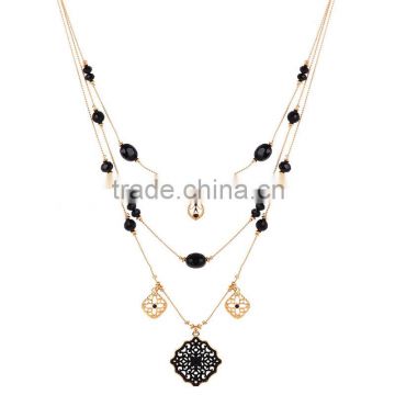 Wholesale fashion elegant three layered chains black bead collar necklace