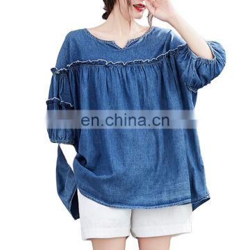 TWOTWINSTYLE Ruffles T Shirt For Women V Neck Butterfly Sleeve Patchwork Ruched Oversized Denim T Shirts