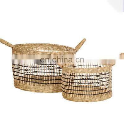 Seagrass open weave set of 2 storage basket with carrying handles Handwoven Natural Laundry Basket Decor