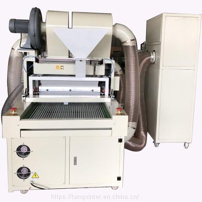 Automatic adhesive powdering machine for apparel trademark