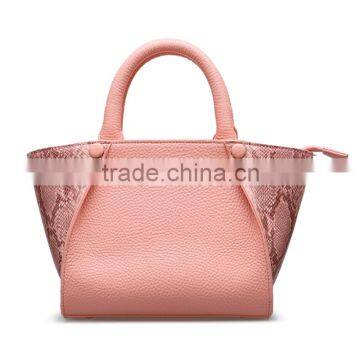 Wholesale fancy nice look pink snake skin pattern genuine leather handbag