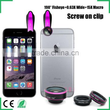 2016 New Arrival Mobile Phone Camera Lens Fisheye Lens Zoom camera lens 3 in 1 lens 0.63x wide-angle 15x macro lens for iPhone