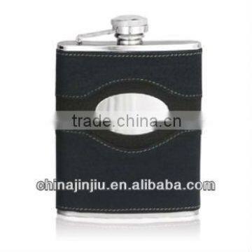 8oz black leather hip flask stainless steel