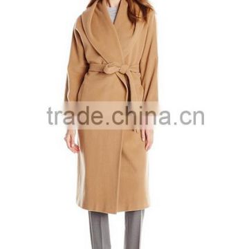 2015 Winter Ladies Shawl Collar Coats Calf -Length Boutique Wool Coats With Self-tie
