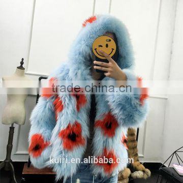 Brand design fox fur knited woman real colorful fox jacket long sleeves with hoood