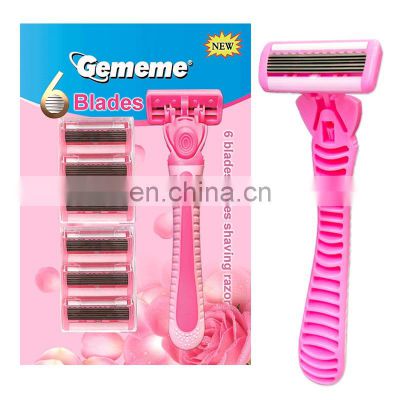 Replacement Shaver face razor China factory wholesale women body leg bikini shaver customised pink razor 6blades
