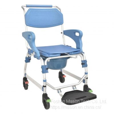 Hige-Quality Folding Aluminum Commode Chair Shower Wheelchair with 4-Inch Wheel for Disable Elder