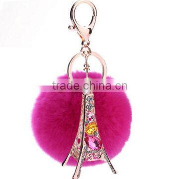 Fashion rhinestone tower keychain with big plush ball