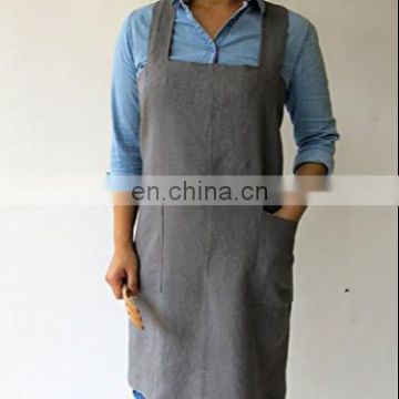 Natural linen color no-tie cross over Japanese style pinafore apron, with two pockets
