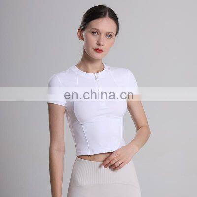 Wholesale Custom Logo Half Zipper Short Sleeve Crop Top Slim Fit Sports Running Yoga Shirt Quick Dry Outfit Clothes For Women