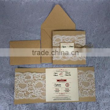 Hot sale elegant & rustic kraft paper lace wedding invitations with ropes & label papers                        
                                                Quality Choice