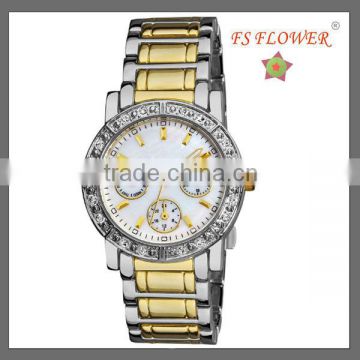 2 Tone Gold Diamond Stone Watch Band Shell Dial Chrono Watches Nice Good Women Watches