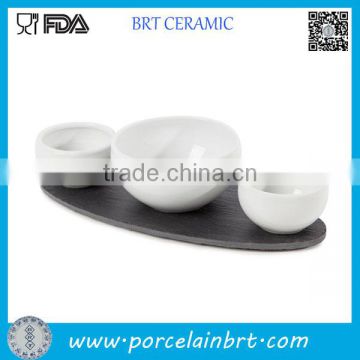 3pcs Porcelain Bowl with wood Tray
