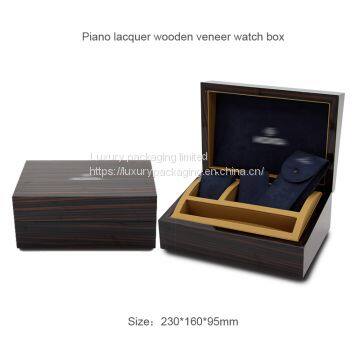 Custom luxury design Wood Grain High Glossy Mahogany Storage Display Single Watch Box With Suede Pouch