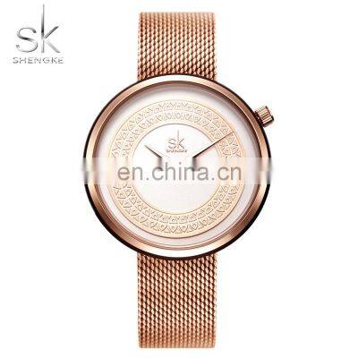 SHENGKE Fashion Woman Watch Carve Pattern Decorate Steel Mesh Band Unique Design Watch With Bracelet  Reloj Para Mujer K0094L