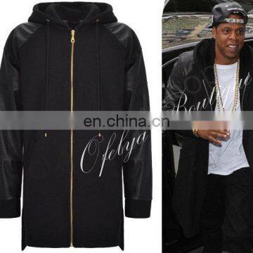 Dark Faux Leather Sleeve Extended Cotton Fleece Hooded Zip-Up