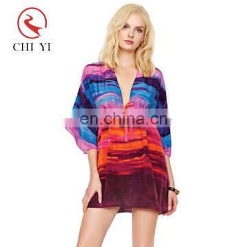 Women 100% polyester chiffon beachwear cover up colorful printing deep V neck tied waist casual beach wear dress for party