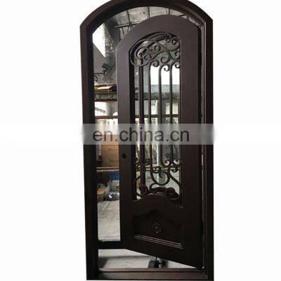 China manufacturers rustic unique scrolls design waterproof exterior eyebrow top house main entrance wrought iron single door