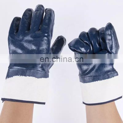 Cheap Oil Proof Cotton Jersey Lining Reusable Heavy Duty Gloves Blue Nitrile Fully Coated Gloves With Safety Wrist