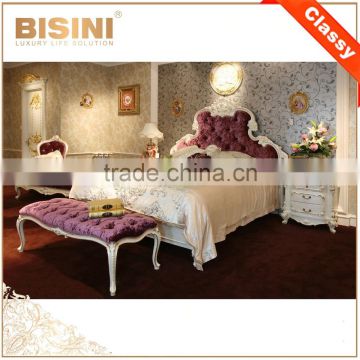 French Graceful Wood Carving Bedroom Set, Luxury Home Bedroom Furniture, Fancy Purple Fabric Upholstering Super King Size Bed