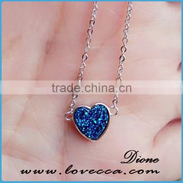 Best S925 Sterling Silver Druzy Cabochons Necklace Heart 8mm Natural Drusy Agate Stone Pendants