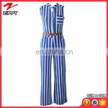OEM Service High Quality Fashion Sexy Stripes Button Front Belted Jumpsuit