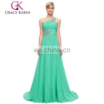 Grace Karin Wholesale A line One Shoulder Aquamarine Chiffon Beaded Long Bridesmaid Dresses CL2949-6