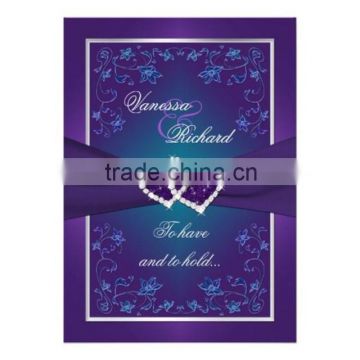 Hot sale elegant purple floralwedding invitations with purple ribbons & heart brooches