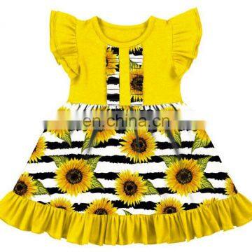 Girl Stripe Sunflower Flutter Sleeve Summer Dresses Cotton Baby Frocks Design