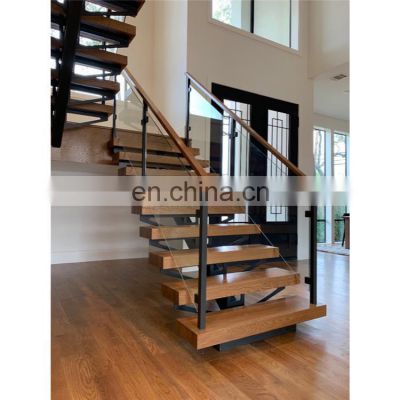 Indoor Small Space Stairs Stainless Steel Wooden Straight Staircases With Wood Treads