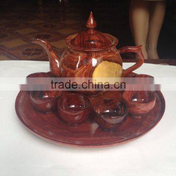 Wooden tea set made in Vietnam, high quality tea cup, tea pot and service plate
