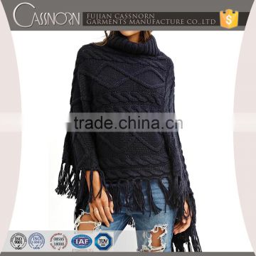 new design tasseled turtle neck cable- knit pullover poncho sweater