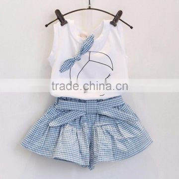 Kids Girls Cute Bow Girl Pattern Shirt Top Grid Shorts Set Clothing