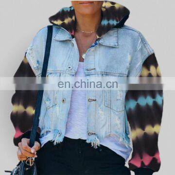 2020 Fall Hot-selling women denim jackets with matching color tie-dye and torn tasseled