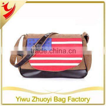 New Heavy Canvas and PU Messenger Bag with Flag Printing, Cross Body Bag