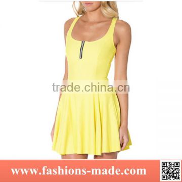 Women's One Piece Yellow Skater Dress zipper pleated dress wholesale