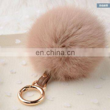 Rabbit fur pom pom keychain with leather strap