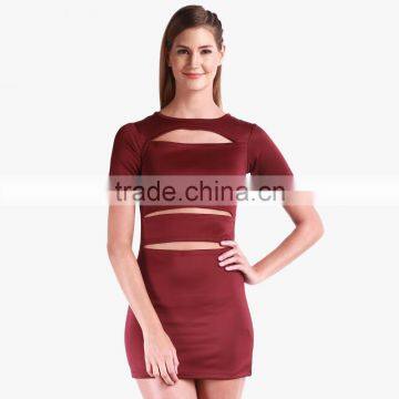 Wine Colored Solid Bodycon Dress For Ladies