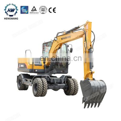 Hengwang HW80L Wheel Type Compactor Digger Medium Size New Large Bucket Mini  8ton 7 ton Wheel Excavator
