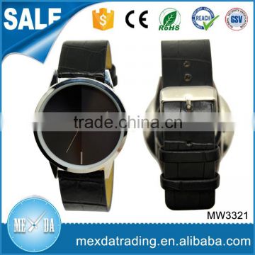 Fashion couple simple dial design cheap print oem black leather watch