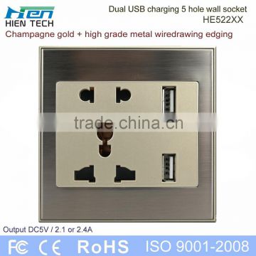 Metal brushed frame universal type wall socket 5V usb socket for hotel using