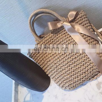New hand knit straw handbag bucket shoulder bag for women