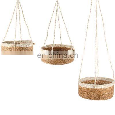 Best Seller 3 Piece Jute & Seagrass Hanging Planter Set With Lining Straw Planter Storage Basket Plant Holder Wholesale