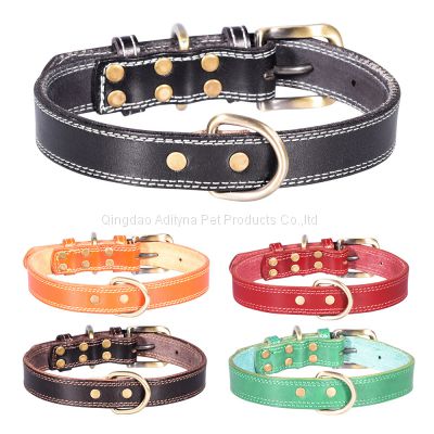 Wholesale custom double stitched real leather dog collars with D rings