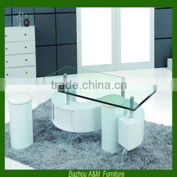Contemporary White S-Shaped Glass-Top Coffee Table and 2 Mini Stools