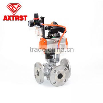 Flange 3 way L port ball valve with pneumatic actuator for water treatment