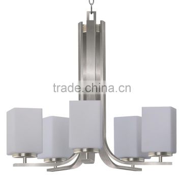 5 light chandelier(Lustre/La arana) in satin steel finish with up lit dove white square glass shade CH1987-5SS