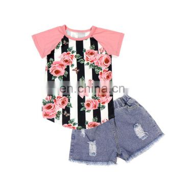 Kids Stripe Floral Raglan Shirt And Distressed Demin Short Children Clothing Factory Girls Boutique Clothing
