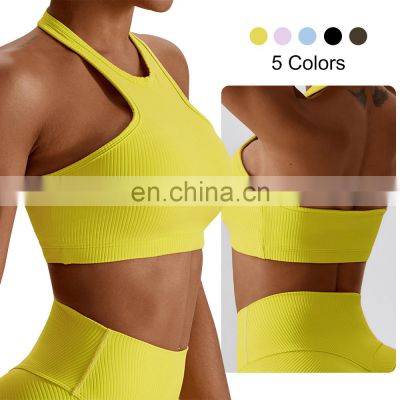 Wholesale Women Fitness Gym Yoga Top Elastane Stretch Halter High Neck Seamless Ribbed Backless Sports Bra With Removable Pads
